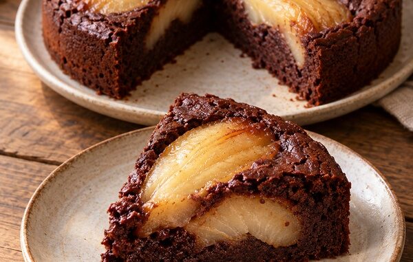 Fondant au chocolat et aux poires, avec une part découpée montrant le cœur moelleux