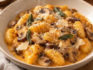 Gnocchis crémeux au potimarron, champignons dorés, sauge et parmesan