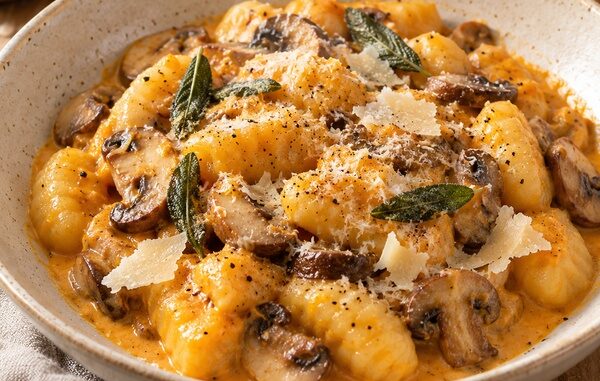 Gnocchis crémeux au potimarron, champignons dorés, sauge et parmesan