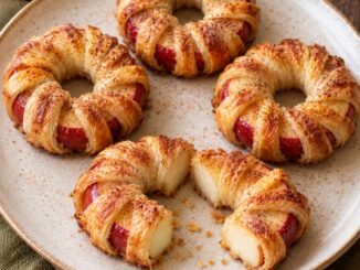 Anneaux de pommes entourés de pâte feuilletée dorée et saupoudrés de cannelle sur une assiette.