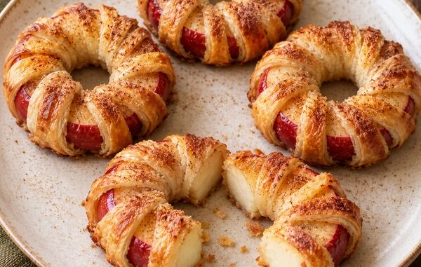 Anneaux de pommes entourés de pâte feuilletée dorée et saupoudrés de cannelle sur une assiette.