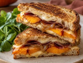 Croques dorés au potimarron rôti, à la raclette, aux oignons et à la viande des Grisons, servis avec de la mâche.