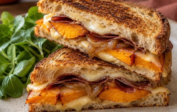 Croques dorés au potimarron rôti, à la raclette, aux oignons et à la viande des Grisons, servis avec de la mâche.