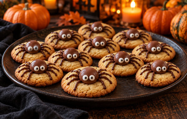 Cookies dorés décorés d’araignées en chocolat aux grands yeux, sur un plateau entouré de petites citrouilles.