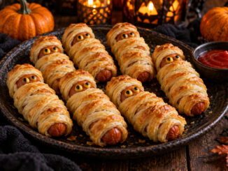 Saucisses momies en pâte feuilletée dorée, avec des yeux en moutarde et olive, présentées dans un décor d’Halloween.