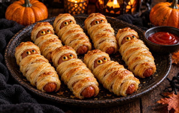 Saucisses momies en pâte feuilletée dorée, avec des yeux en moutarde et olive, présentées dans un décor d’Halloween.