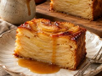 Part de gâteau invisible aux pommes nappée de caramel au beurre salé