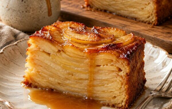 Part de gâteau invisible aux pommes nappée de caramel au beurre salé